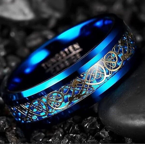Men 8mm Beveled Edge Comfort-Fit Blue Silver Celtic Dragon Tungsten Wedding Band
